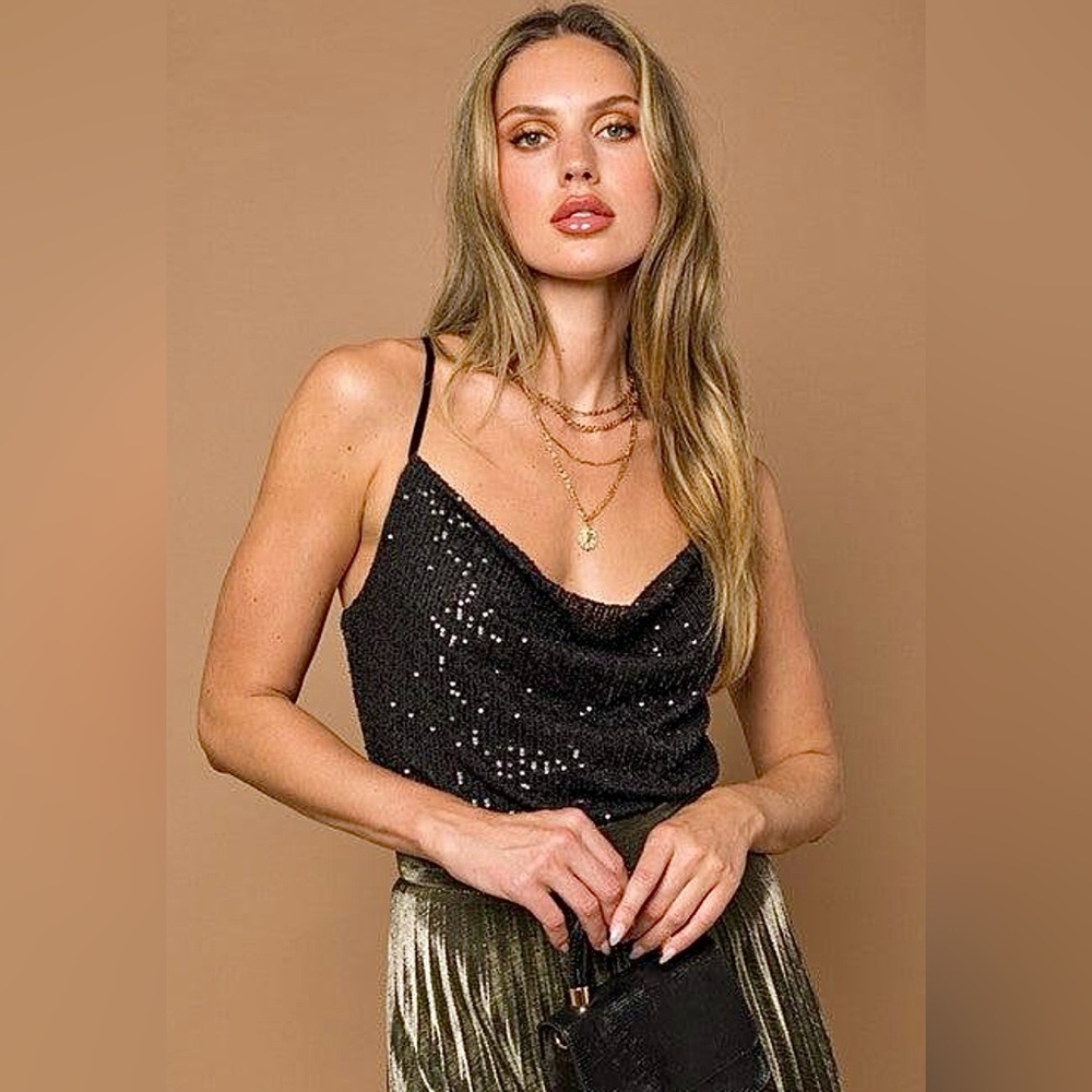 Gilli Black Cowl Neck Spaghetti Strap Sequin Top Size L